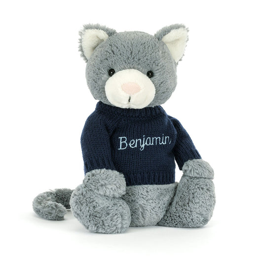 Bashful Kitten with Personalized Navy Jumper