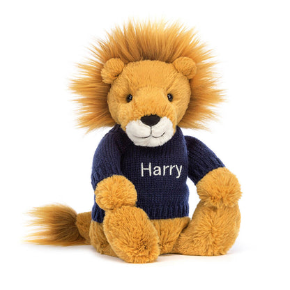 Bashful Lion with Personalized Navy Jumper