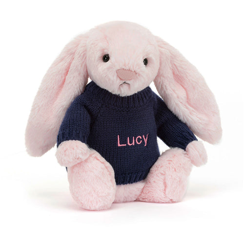 Bashful Pink Bunny with Personalized Navy Jumper