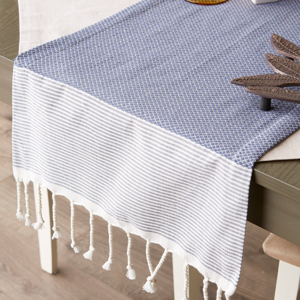 French Blue Bordered Dobby 15"X108" Table Runner