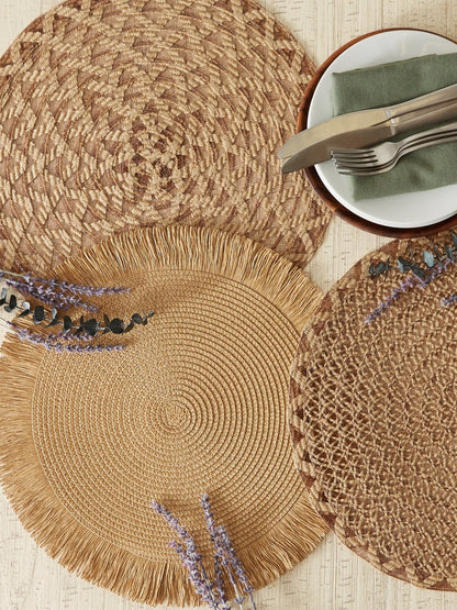 Natural Lattice Woven Polyester Round Placemats, Set Of 6