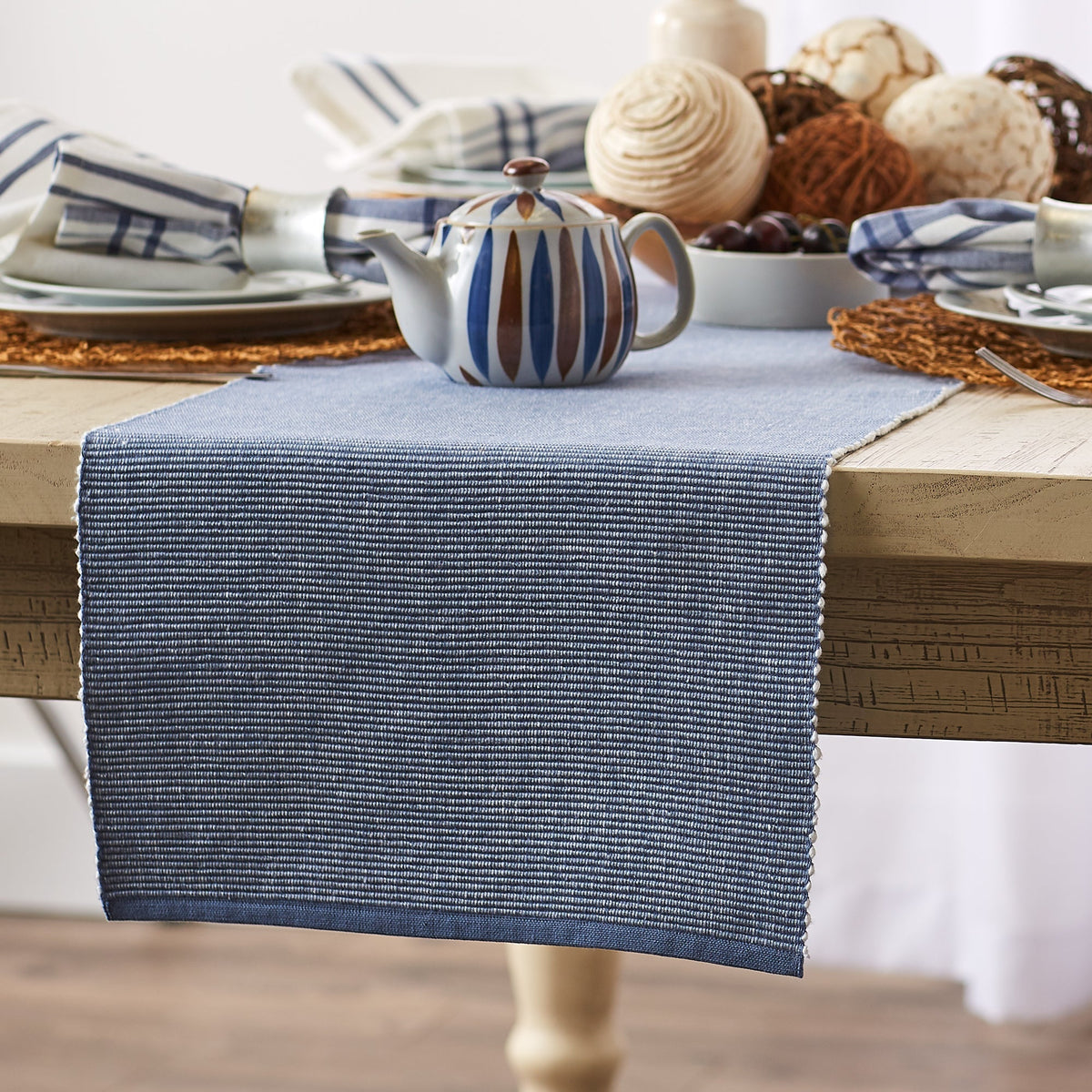Stonewash Blue & White 2-Tone Ribbed 13"X72" Table Runner